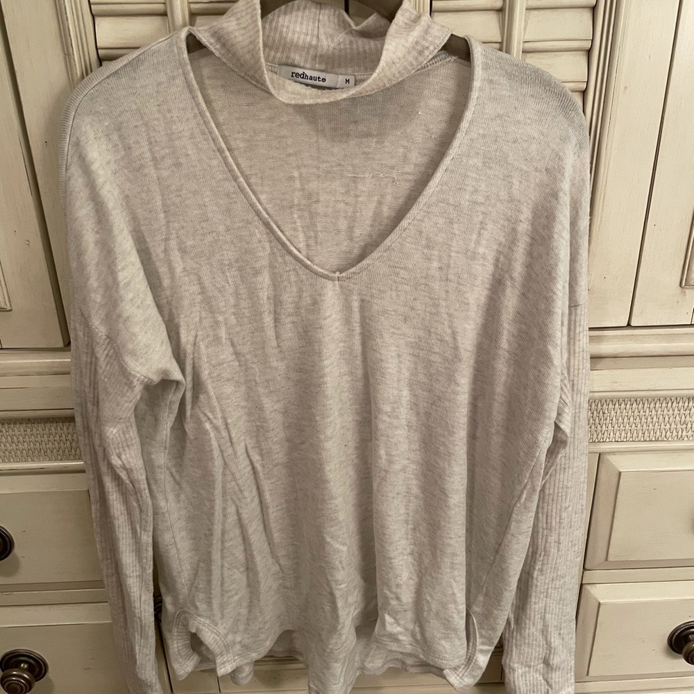 Red Haute V Neck Sweater With Collar, Size: M